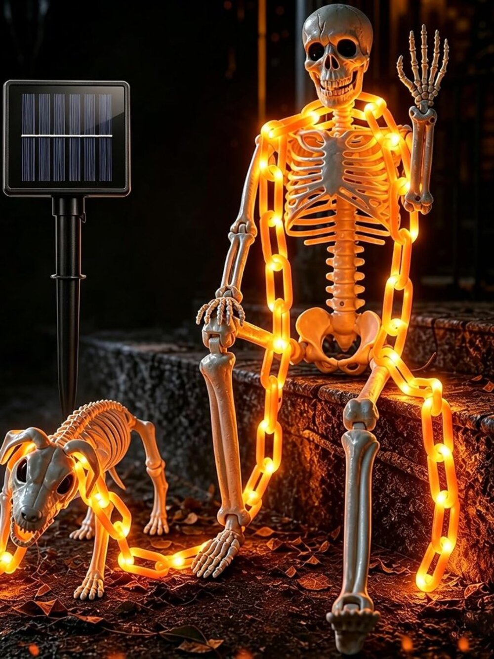 3Ft Skeleton & Dog Skeleton with Light Chain, Outdoor Halloween Decorations